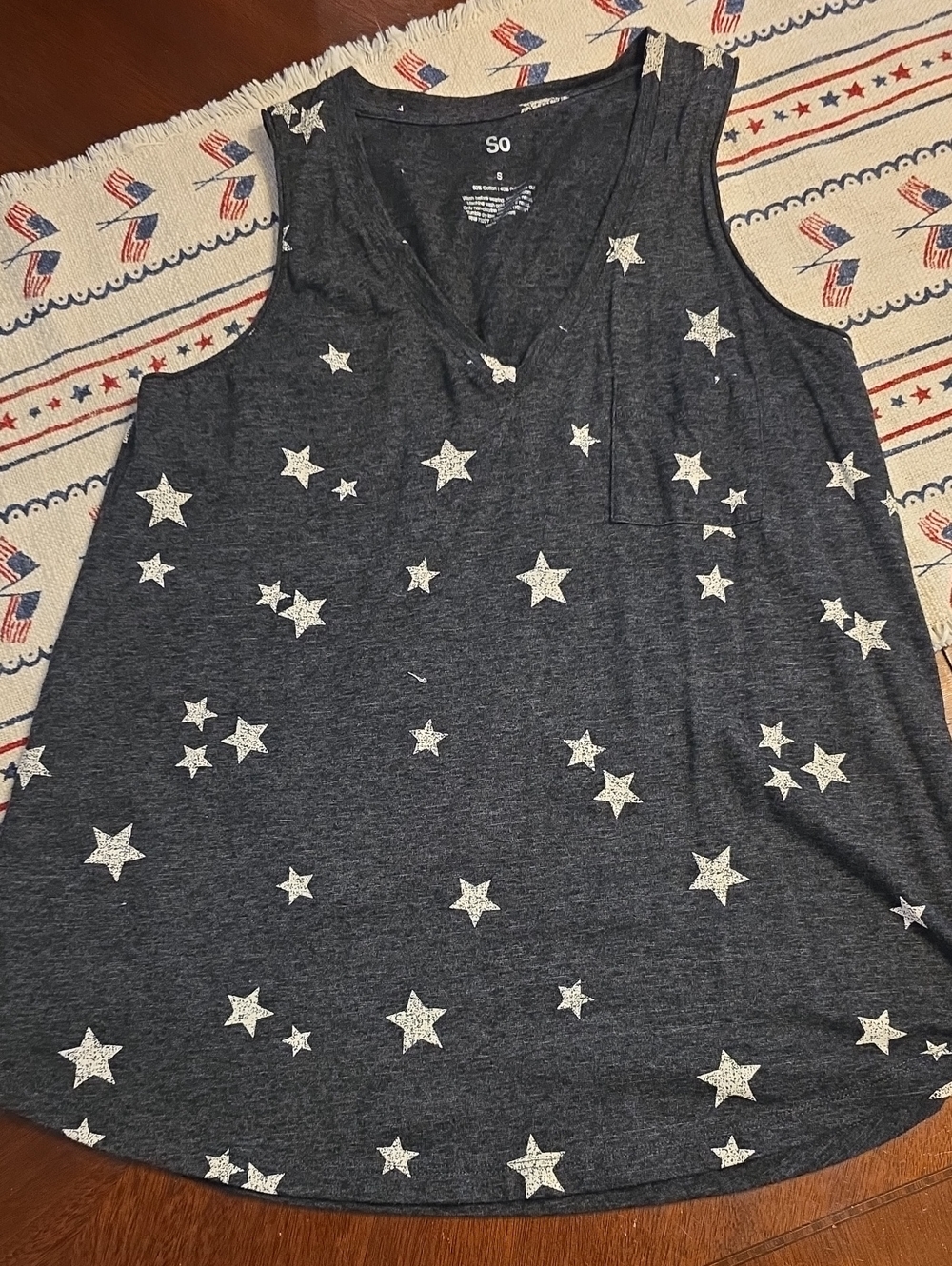 SO Star Print V-Neck Tank Top - Grey with White Stars